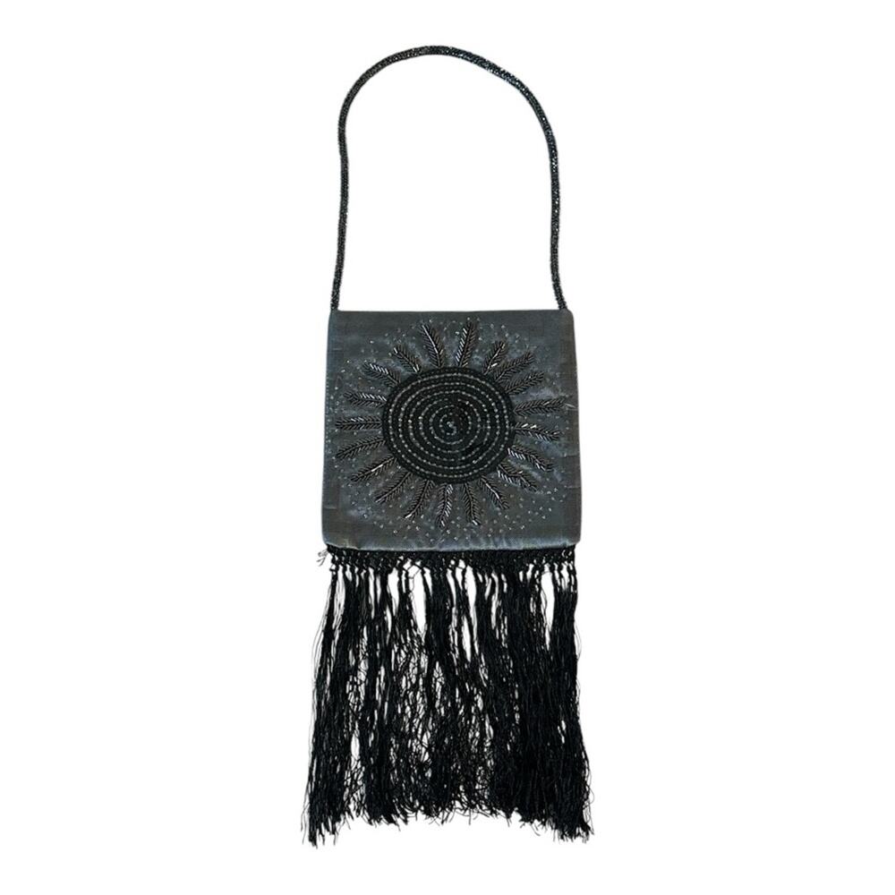 Elegant Silver & Black Beaded Fringe Bag